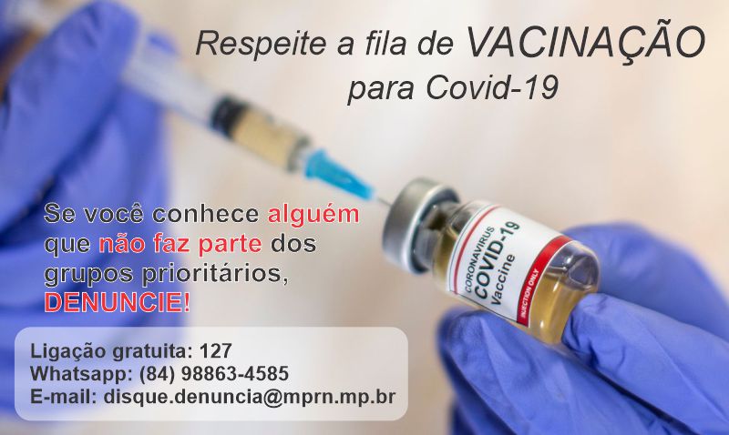 Ministério Público do RN abre canais de denúncia contra o “fura-fila” da vacinação