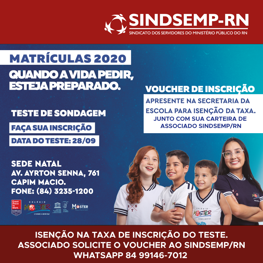 Voucher do Colégio Master e SINDSEMP/RN no valor de R$ 20,00, para isenção na taxa de inscrição do teste de sondagem